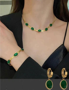 Oval Green Crystal Pendant Necklace Set With Bracelet