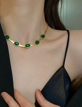 Oval Green Crystal Pendant Necklace Set With Bracelet